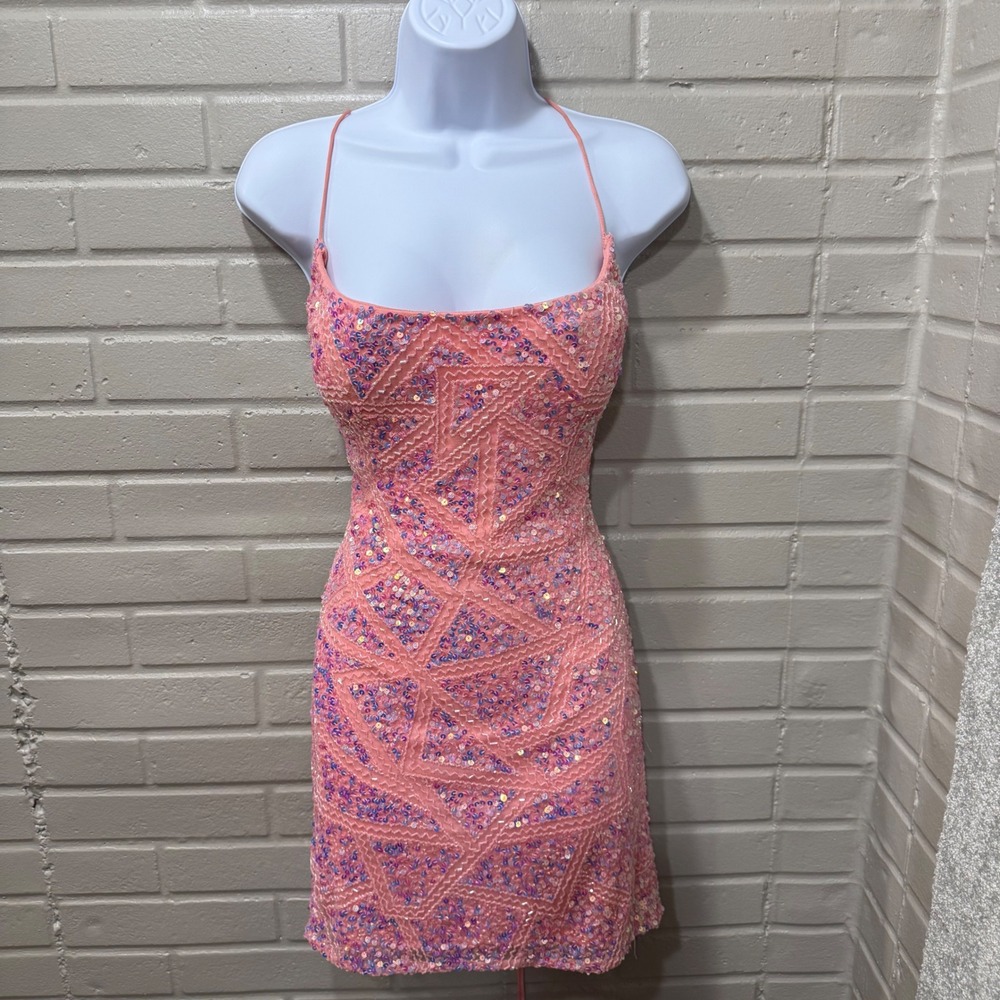 Aleta 777 Sequin Beaded Lace Up Back Mini Dress Bubblegum Pink 10 Prom Cocktail - Picture 2 of 16